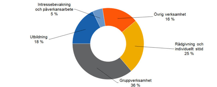 Rådgivning och individuellt stöd 25%, Intressebevakning och påverkansarbete 5 %, Gruppverksamhet 36 %, utbildning 18 %, övrig verksamhet 16 %. 