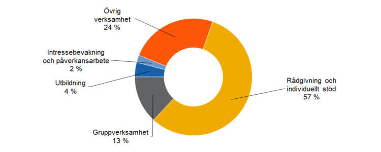 Rådgivning och individuellt stöd 57 %, Intressebevakning och påverkansarbete 2 %, Gruppverksamhet 13 %, utbildning 4 %, övrig verksamhet 24 %. 